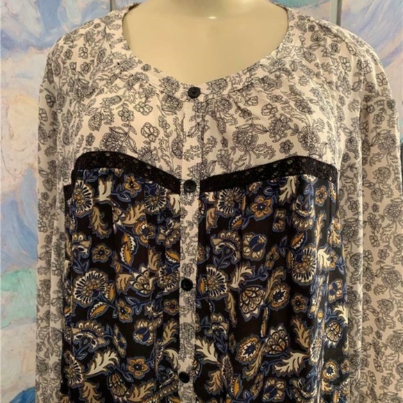 Woman Within Black Mixed Print Button Tunic Blouse - Picture 2 of 6